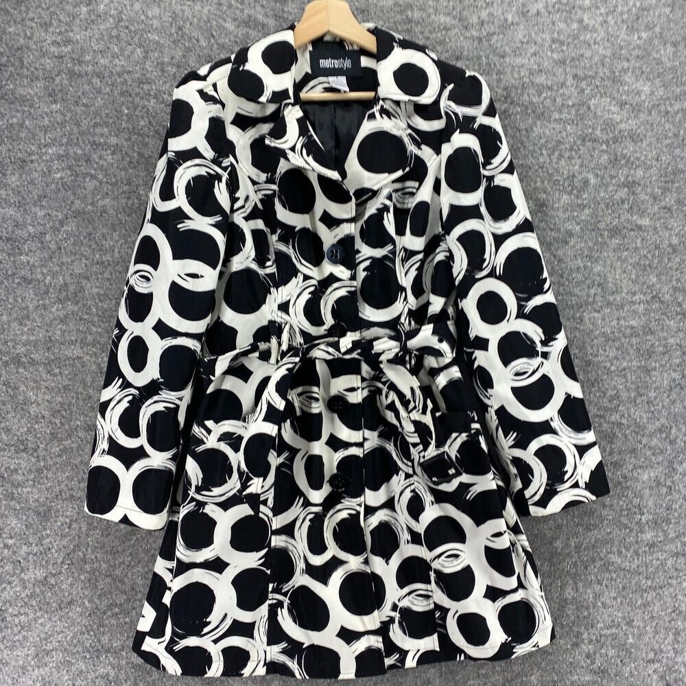 MetroStyle Coat Women 8 Black Geometric Collared Belted Long Sleeve Button Lined - Picture 4 of 8
